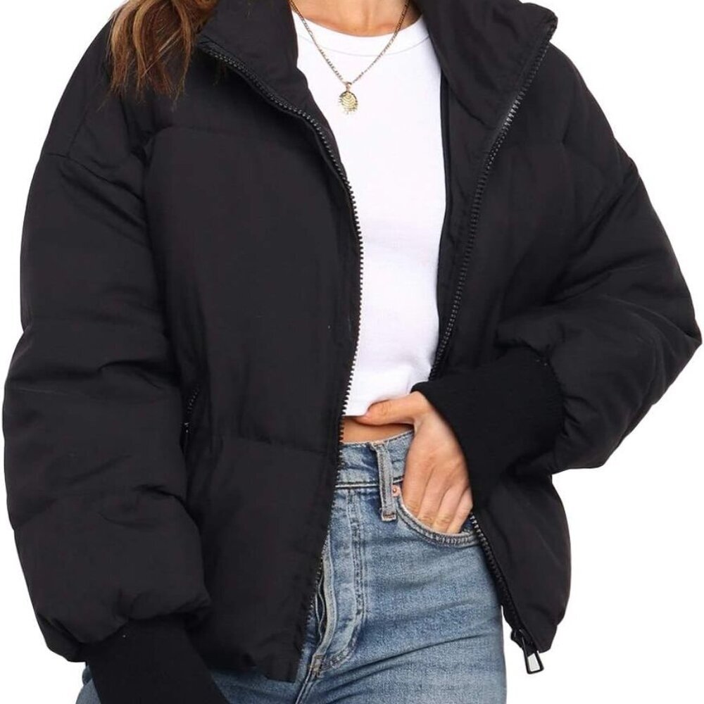 Women's 2025 Winter Long Sleeve Zip Puffer Jacket Pockets Baggy Short Coats